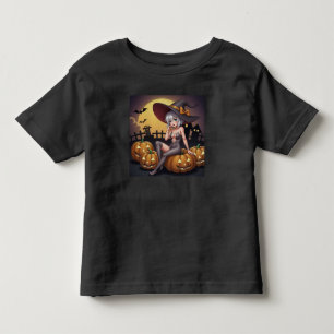 T-shirt Pour Les Tous Petits Sorcière d'Halloween aux Yeux Verts sur des Jack-O