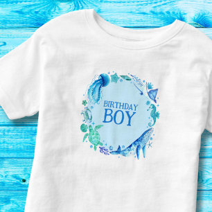 T-shirt Pour Les Tous Petits Sous la mer Anniversaire Boy Blue Aquarelle