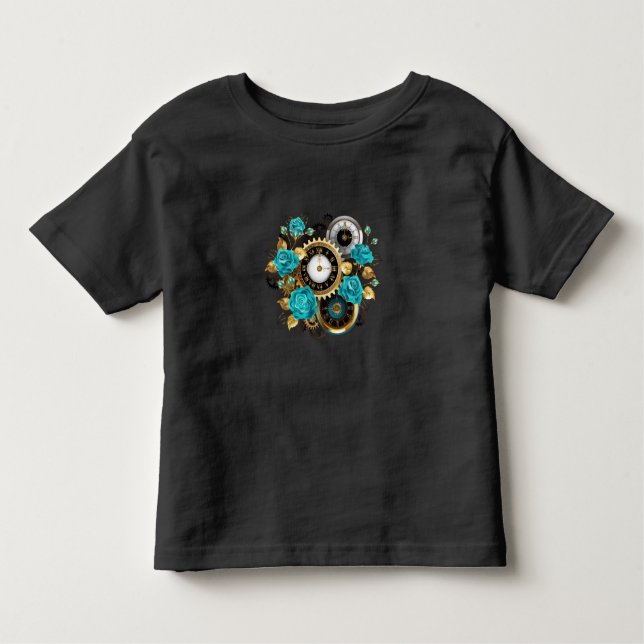 T-shirt Pour Les Tous Petits Steampunk Clock and Turquoise Roses on Striped (Devant)