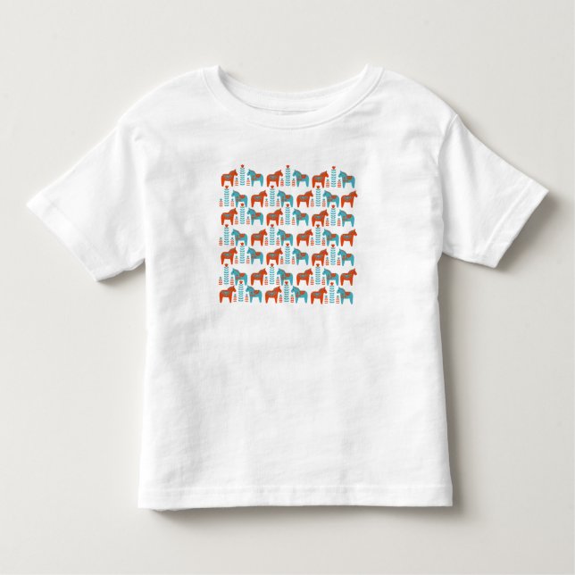 T-shirt Pour Les Tous Petits Suédois Folk Art Dola Chevaux et Fleurs Motif (Devant)