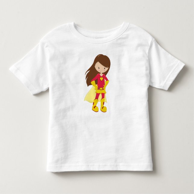 T-shirt Pour Les Tous Petits Superhero Girl, Mignonne Girl, Cheveux Brown, Cost (Devant)