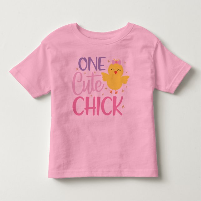 T-shirt Pour Les Tous Petits Un mignon poussin jaune rose fille moderne (Devant)