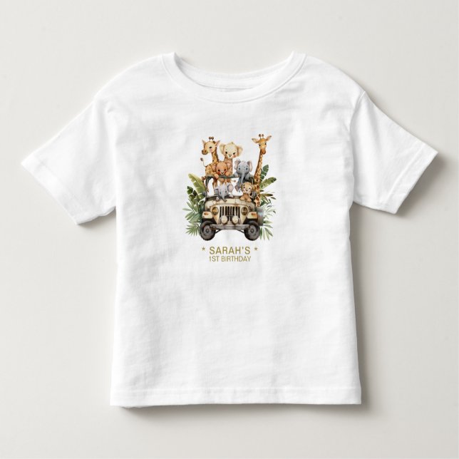 T-shirt Pour Les Tous Petits Wild One Safari Jungle First Birthday Nom Fille (Devant)