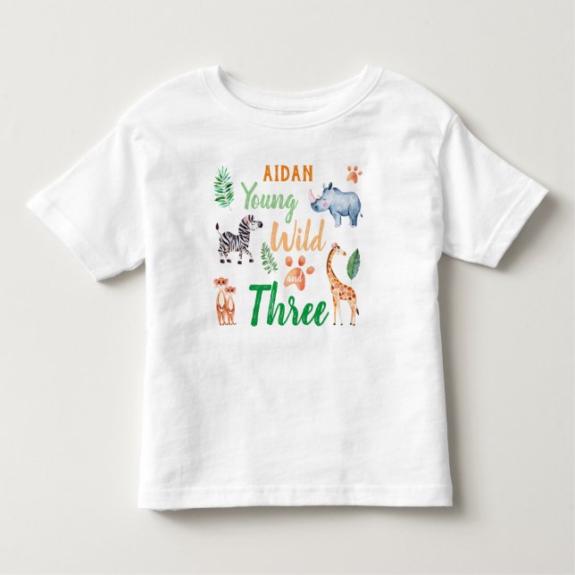 T-shirt Pour Les Tous Petits Young Wild et Three Safari Animal Anniversaire (Devant)