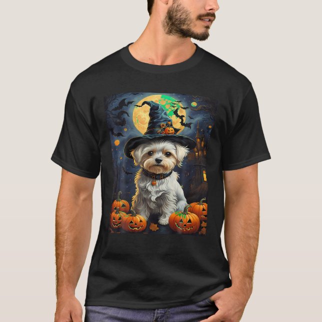T-shirt Poussière Citrouille de sorcière pour chien maltai (Devant)