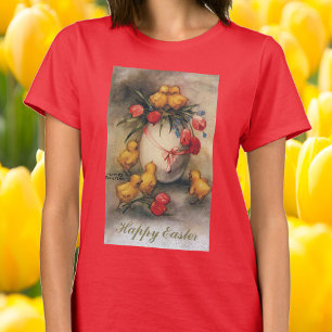 T-shirt Poussins de Pâques vintages aux fleurs de tulipes