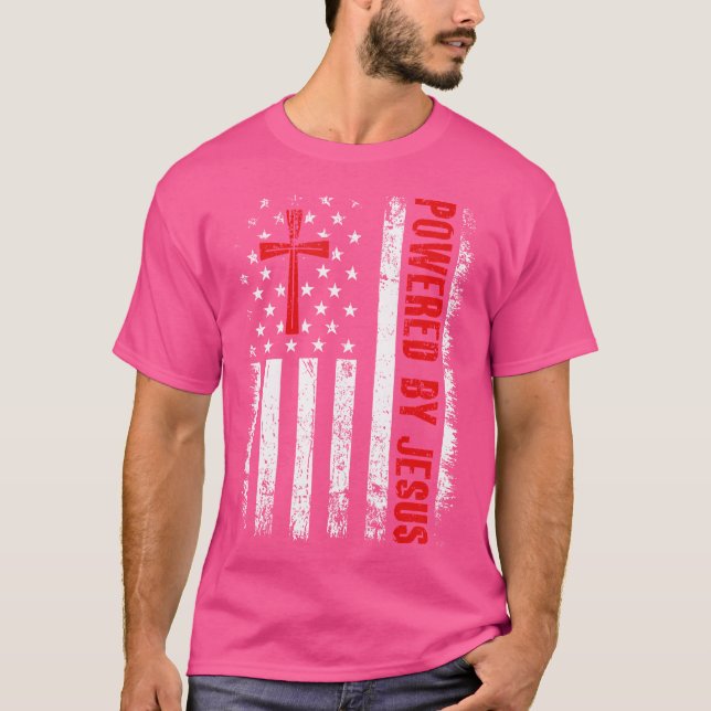 T-shirt Powered By Jesus Us American Flag (Devant)