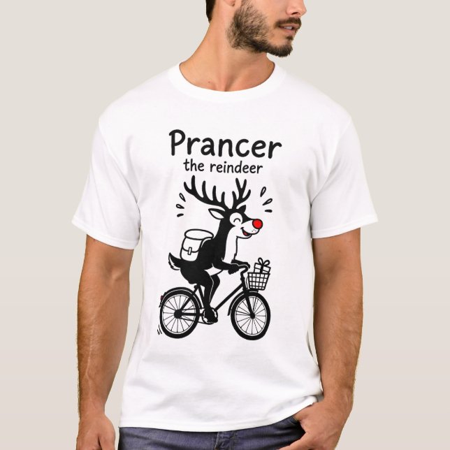 T-shirt Prancer The Reindeer Riding a Bike (Devant)