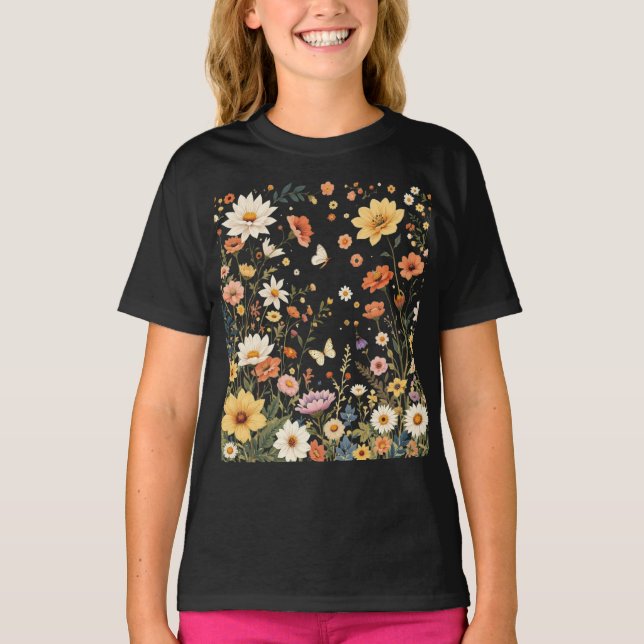 T-shirt Pré Fleur sauvage lunaire avec papillons (Devant)
