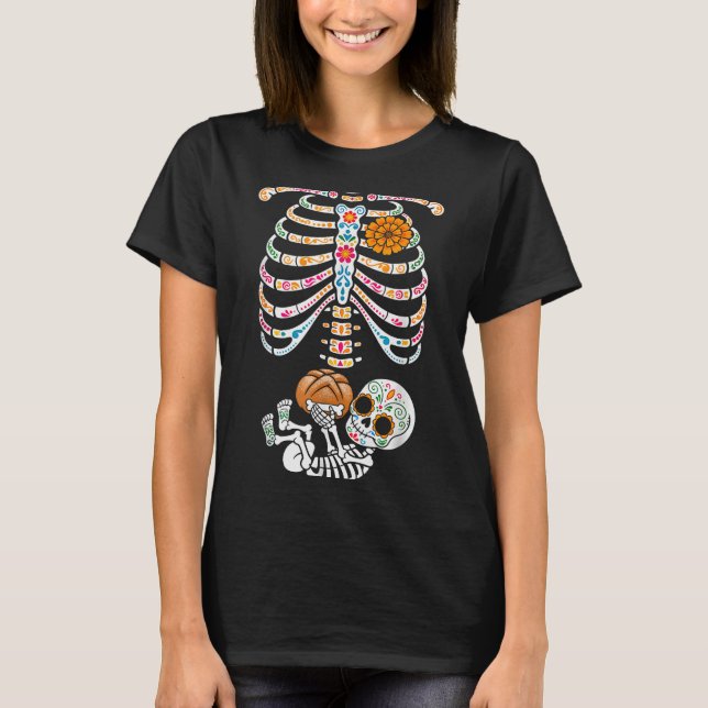 T-shirt Pregnancy Skeleton Dia De Los Muertos Mexican Bell (Devant)