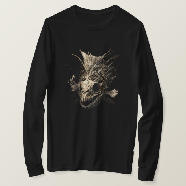 T-shirt Prehistoric Fish Skull Grunge Dark Long Sleeve (Design devant)