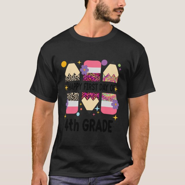 T-shirt Premier Jour De 4E Année Enseignant Leopard Pencil (Devant)