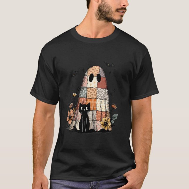T-shirt Préparatifs Rétro Floral Patchwork Fantôme et Chat (Devant)
