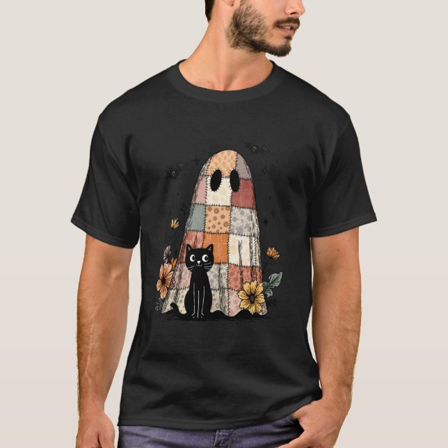 T-shirt Préparatifs Rétro Floral Patchwork Fantôme et Chat (Devant)