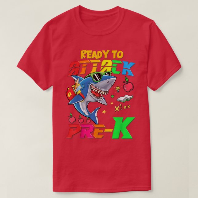T-shirt Prêt À Attaquer Le Requin Pré K Retour À L'École E (Design devant)