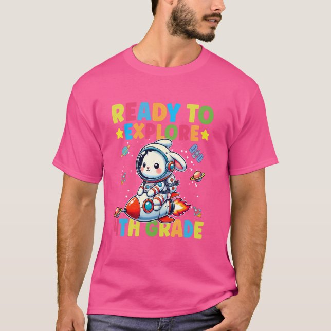 T-shirt Prêt à explorer 4e année lapin drôle retour à l'éc (Devant)
