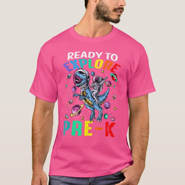 T-shirt Prêt à explorer l'astronaute Pre K dinosaure espac (Devant)