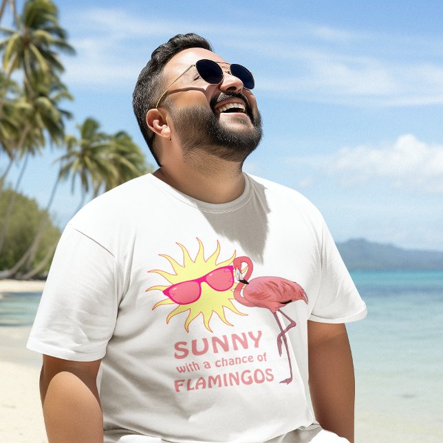 T-shirt Prévisions Météo Plage Flamant Drôle (male model at the beach wearing funny florida beach weather shirt sunny with a chance of flamingos
)