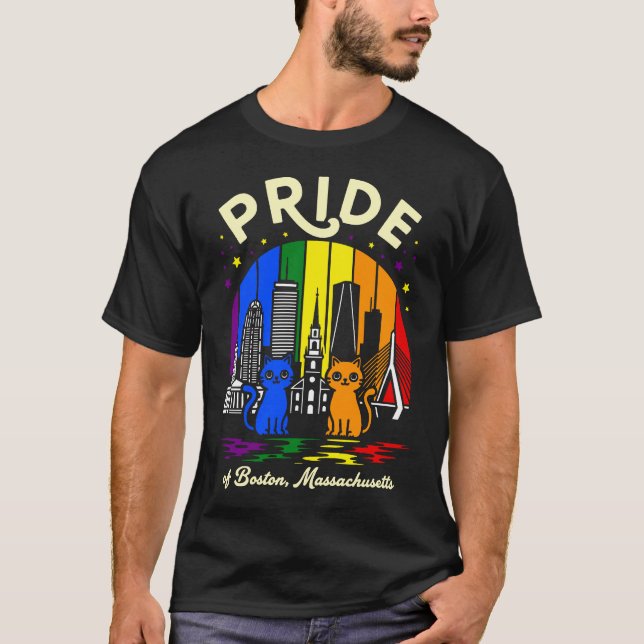 T-shirt Pride Boston City Massachusetts Rainbow Flag (Devant)