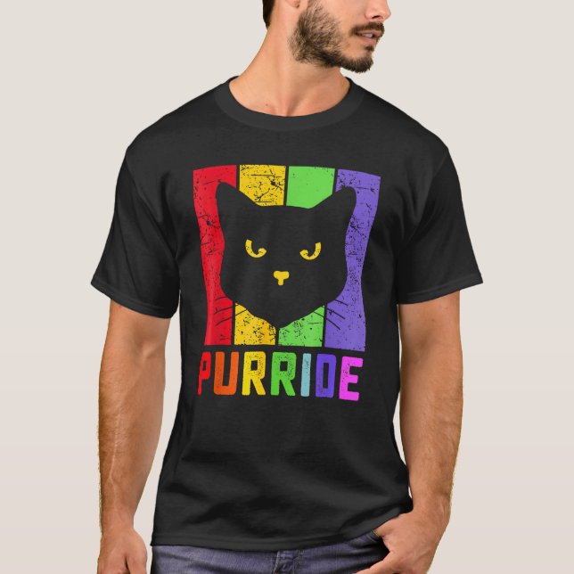 T-shirt Pride Cat Purride Gay LGBTQ Rainbow Flag Retro Sty (Devant)