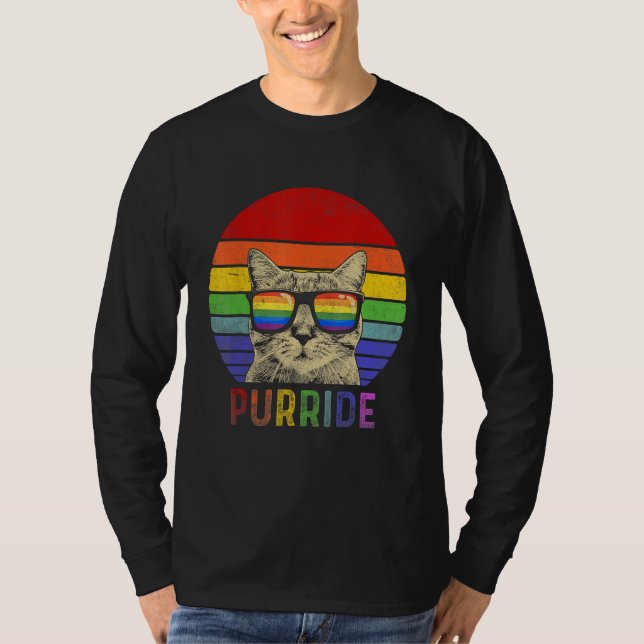 T-shirt Pride Cat Purride Gay LGBTQ Rainbow Flag Retro Sty (Devant)