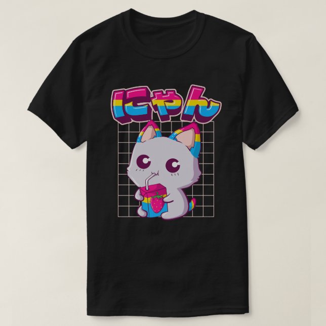 T-shirt Pride Pansexuelle Kawaii Chat Fraise Lait Pansexu (Design devant)