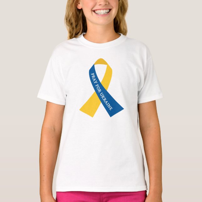 T-shirt Priez pour l'Ukraine Bleu jaune Ribbon enfants (Devant)