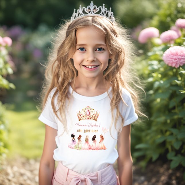 T-shirt Princess Crown Rose or Floral Girl Anniversaire (Princess Crown Pink Gold Floral Girl Birthday T-Shirt)