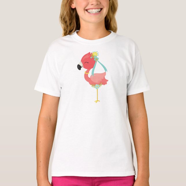 T-shirt Princesse Flamant rose, Couronne, Fleurs, Mignonne (Devant)