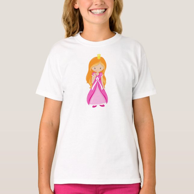T-shirt Princesse mignonne, Couronne, Cheveux orange, Robe (Devant)
