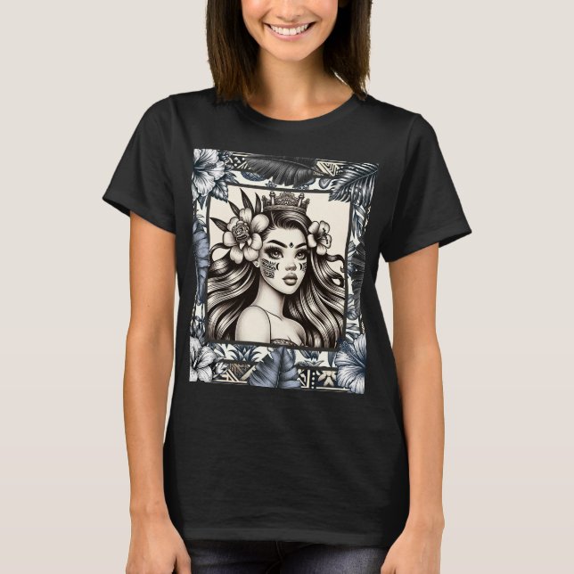 T-shirt Princesse Polynésienne Fleurs Bleues Tribal (Devant)