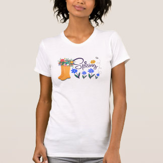T-shirt Printemps Thématique Orange Pluie Bottes Fleurs