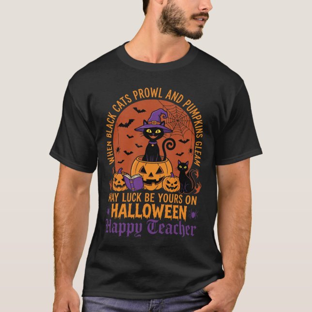 T-shirt Professeur Halloween Chat Noir Citrouille Chance (Devant)