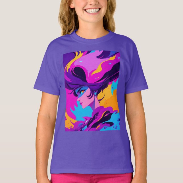 T-shirt Profil d'anime féminin dynamique en rose vif (Devant)