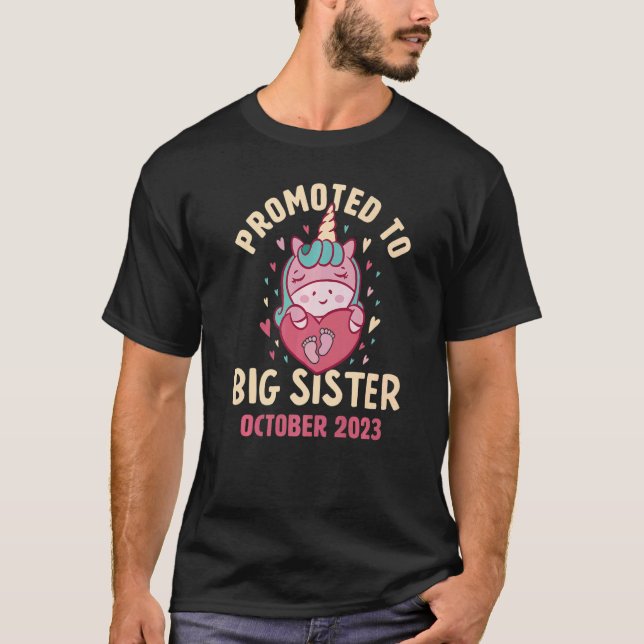 T-shirt Promoted to Big Sister October 2023 Unicorn Hearts (Devant)
