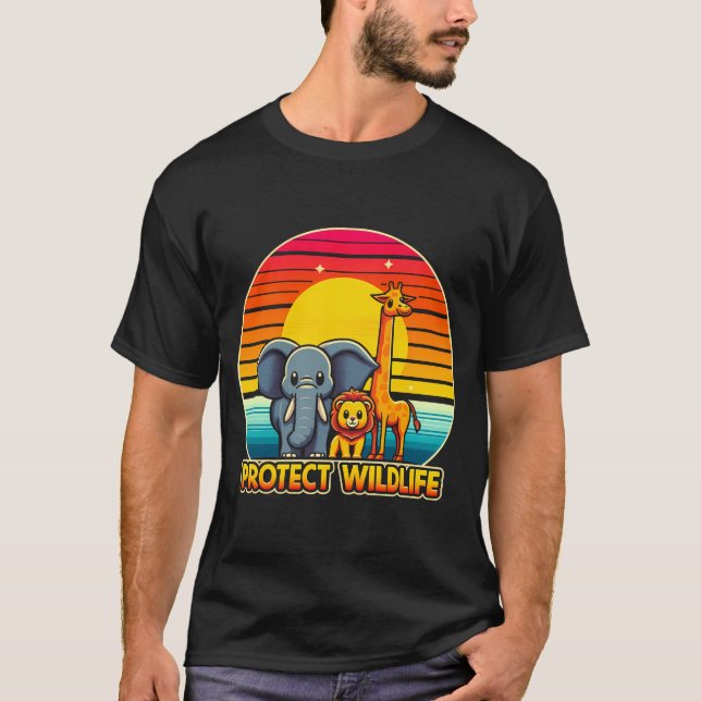 T-shirt Protéger La Girafe Et L'Éléphant De Lion Sur Rétr (Devant)