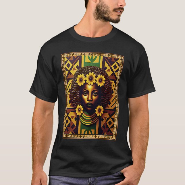 T-shirt Proud Afro Woman with Floral and African Pattern (Devant)
