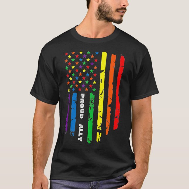 T-shirt Proud Ally Rainbow Gay American Flag (Devant)