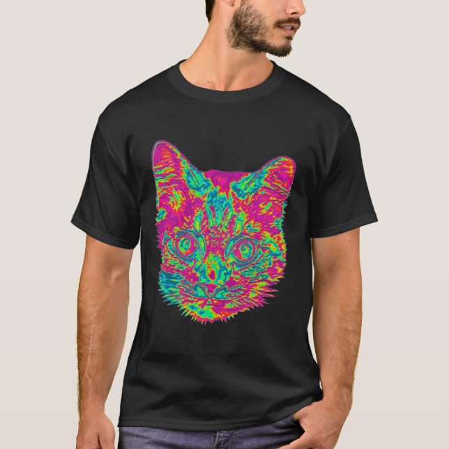T-shirt psychédélique de chat - noir (Devant)