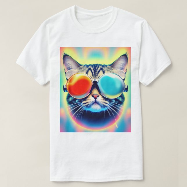 T-shirt Psychédélique folle Psychédélique Kitty Chat Blanc (Design devant)