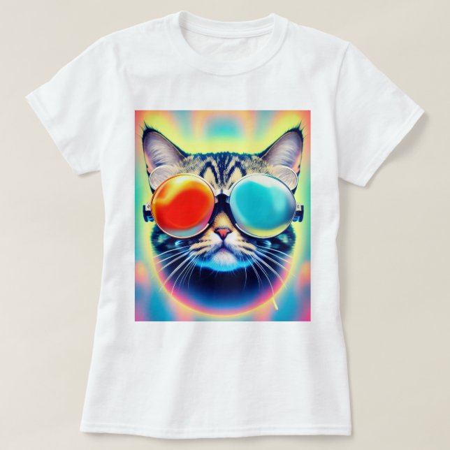T-shirt Psychédélique folle Psychédélique Kitty Chat Blanc (Design devant)