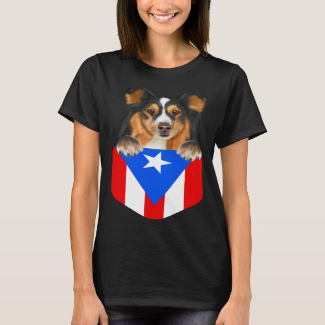 T-shirt Puerto Rico Flag Shetland Sheepdog Dog In Pocket (Devant)