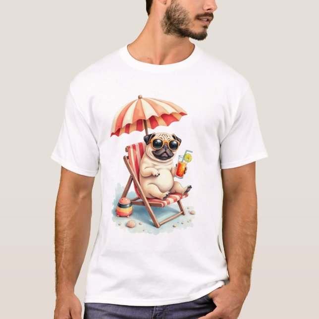 T-shirt Pug Beach Mode Summer Design (Devant)