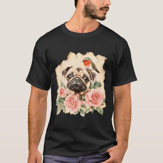 T-shirt Pug bird cute dog funny pug  (Devant)