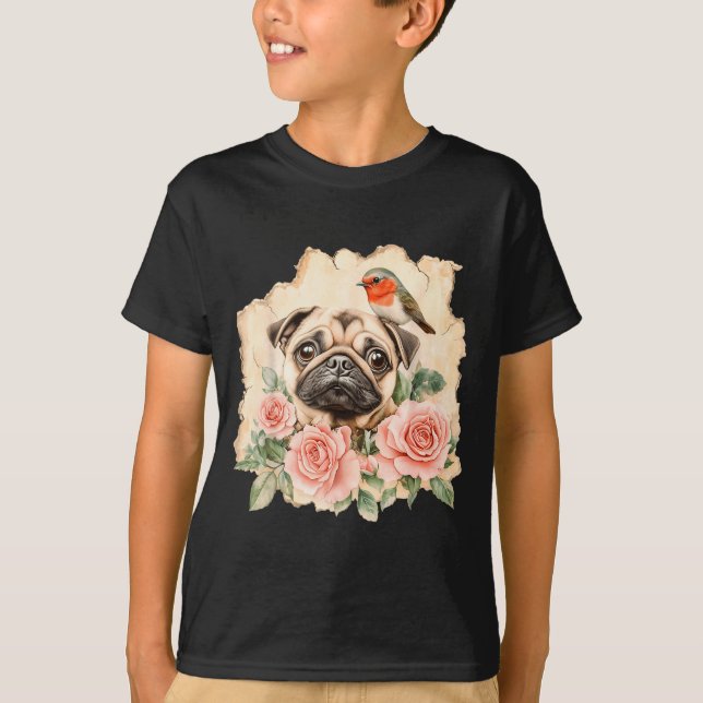T-shirt Pug bird cute dog funny pug  (Devant)