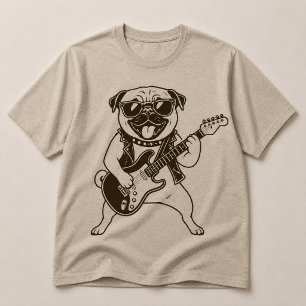 T-shirt Pug Chien Rockstar Heureux Jouant de la Guitare Él