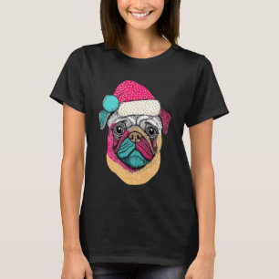 T-shirt Pug Coloré avec Chapeau de Père Noël Amoureux des