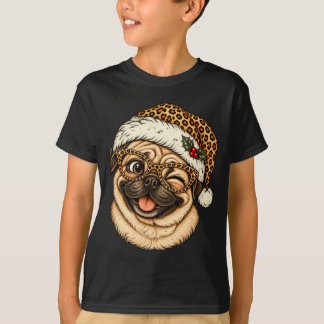 T-shirt Pug de Noël drôle avec un chapeau de Père Noël léo