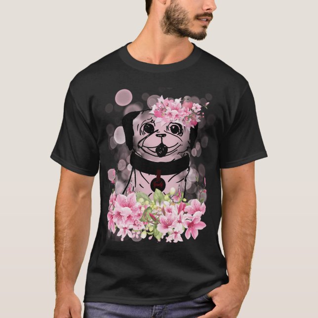 T-shirt Pug de printemps, pug de printemps avec des fleurs (Devant)
