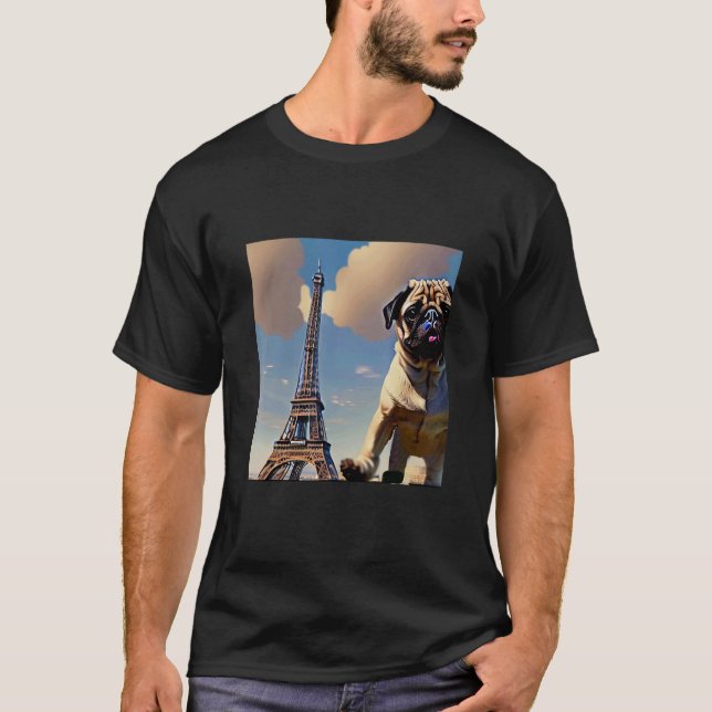 T-shirt Pug  Eiffel Tower France Paris  Men Women Girls Do (Devant)
